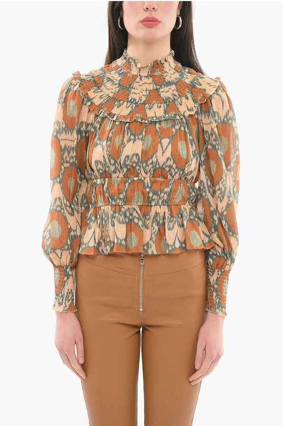 Ulla Johnson Stretchy Rouched Noor Long Sleeved Blouse In Brown