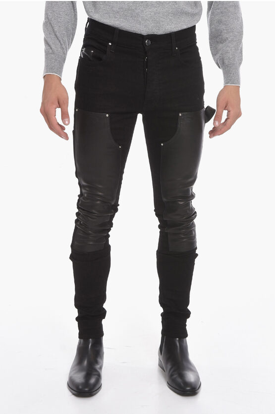 Amiri Stretchy Workman Skinny Denims With Leather Detailing 16cm In Black