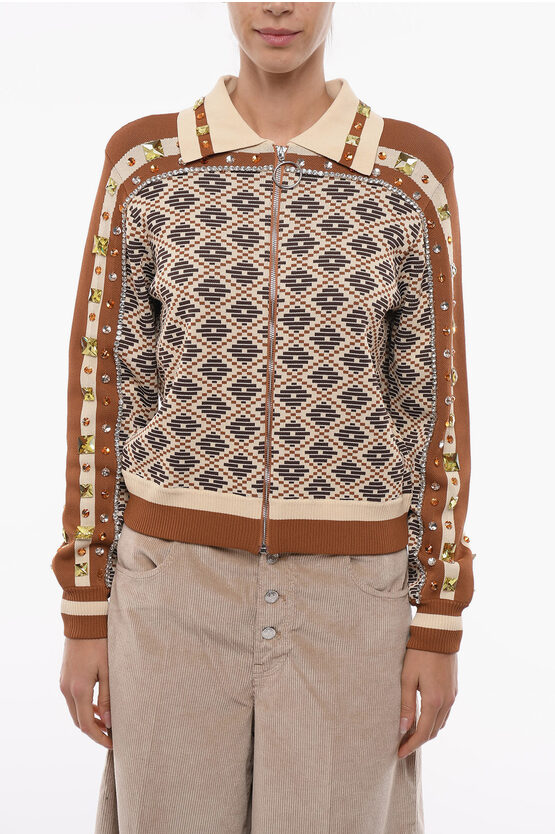 Dodo Bar Or Stretchy Woven Beno Zip-up Sweatshirt With Rhinestones Detai In Brown
