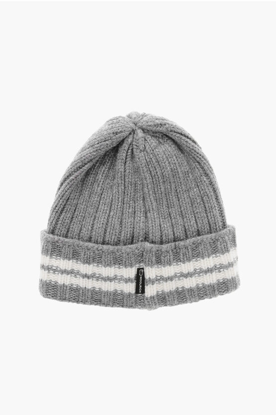 Woolrich Stripe Detailed Wool Beanie In Gray