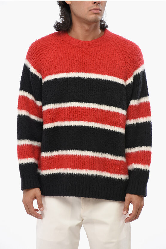 Celine Striped Cotton Blend Crew-neck Sweater In Red