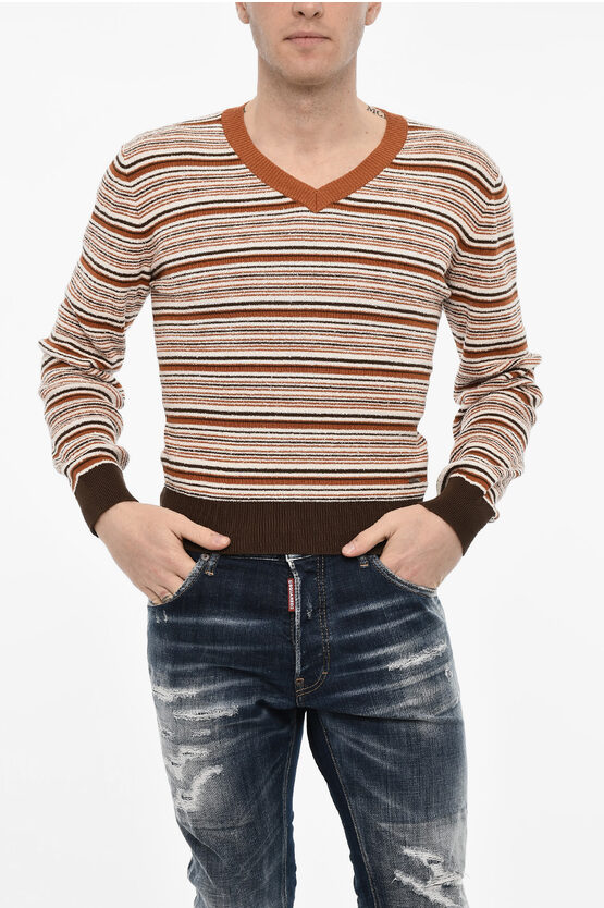 Dsquared2 Striped Cotton Blend V-neck Sweater