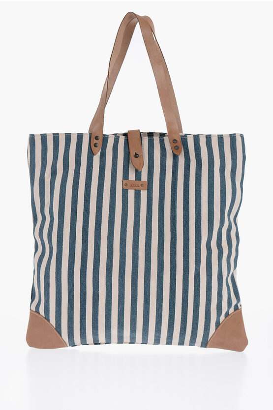 AFAR STRIPED COTTON TOTE BAG WITH LEATHER DETAILS