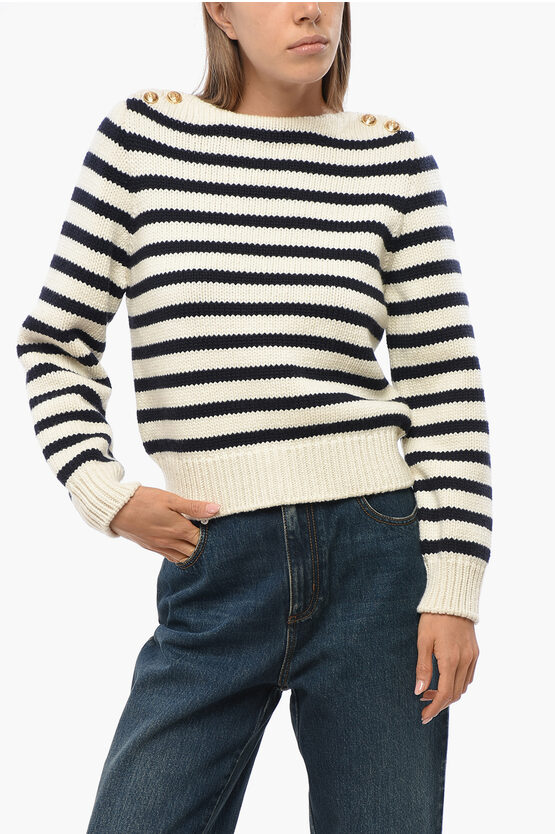 Celine Striped Crew-neck Sweater With Golden-effect Buttons In Multi