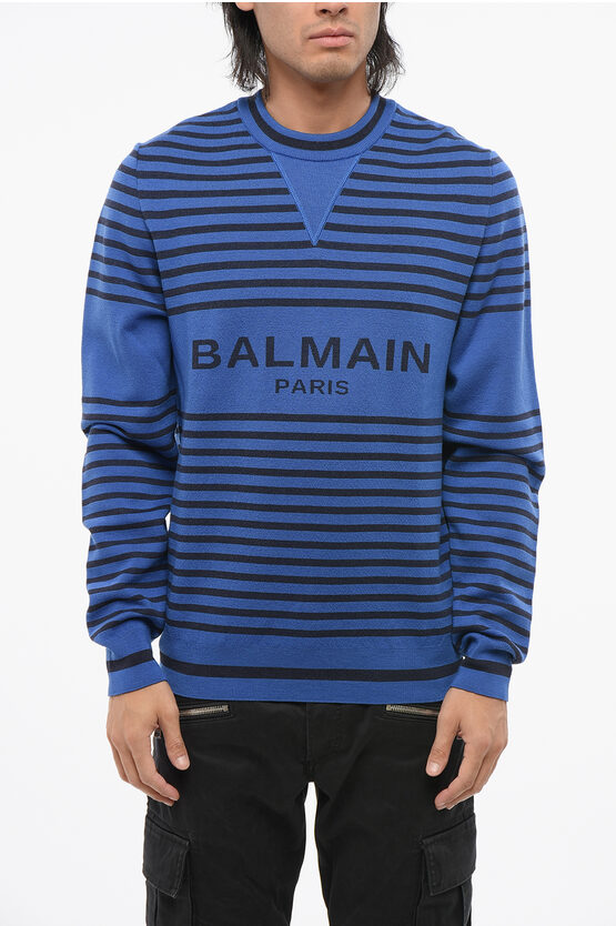Balmain Striped Crew-neck Sweater In Blue