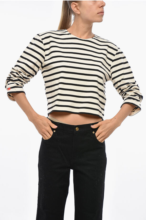 Tory Burch Striped Crew-neck T-shirt With Draped Sleeve In Multi