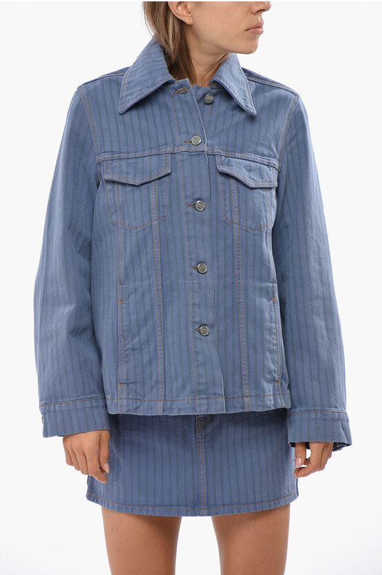Ganni Striped Denim Jacket With Logoed Buttons In Blue