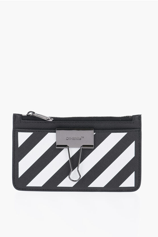 Off-white Striped Detail Leather Card Holder In Black