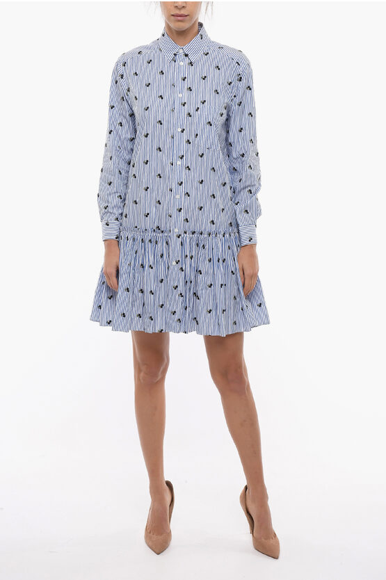 Red Valentino Striped Embroidered Shirt Dress In Blue
