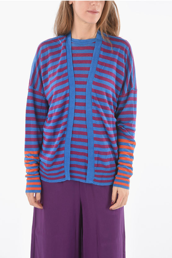 Woolrich Striped Flax Open Front Cardigan In Blue