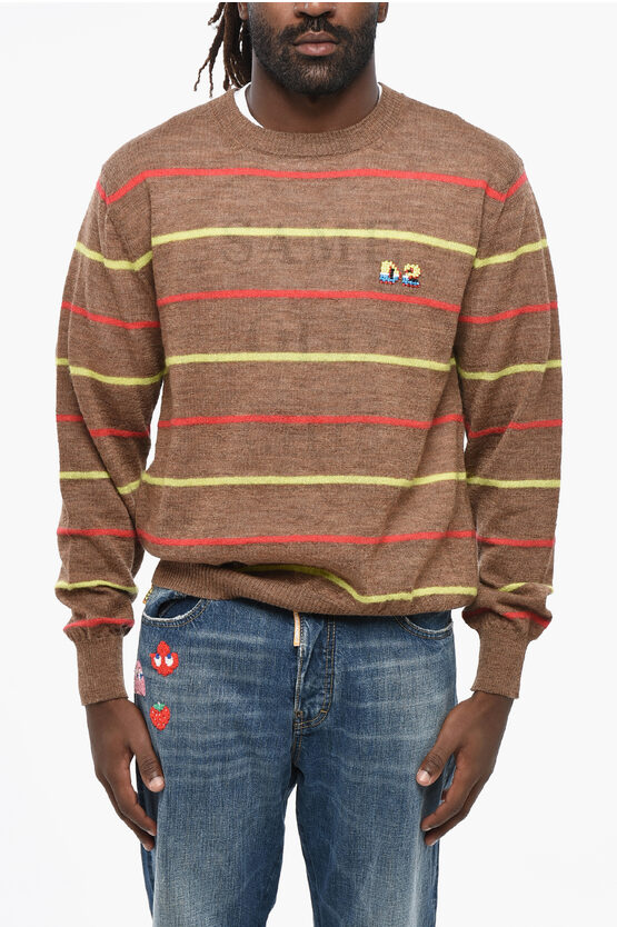 Dsquared2 Striped Good Game Crew-neck Sweater With Embroidered Logo In Brown