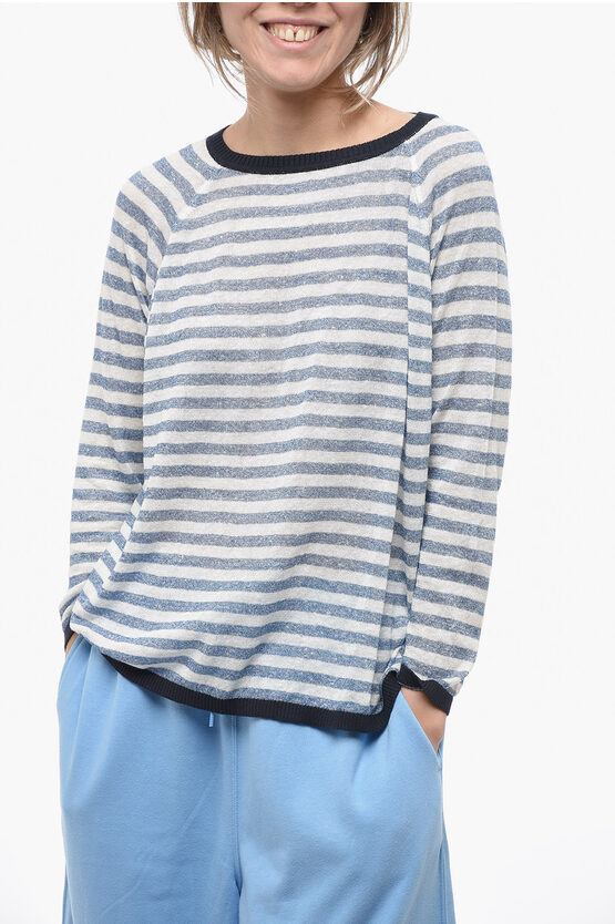 Shop Whyci Striped Linen Blend Crew-neck Sweater
