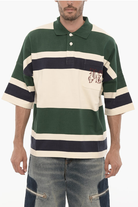 Shop Palm Angels Striped Oversized Fit Polo Shirt With Breast Pocket