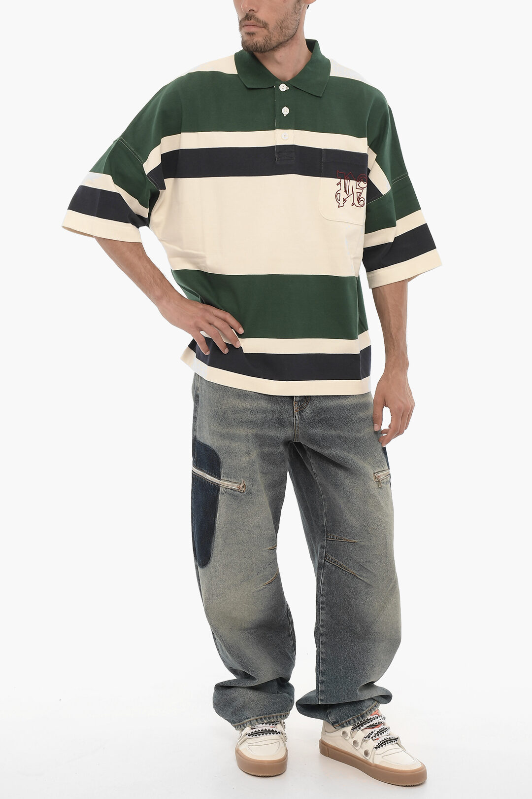 Palm Angels Striped Oversized Fit Polo Shirt with Breast Palm Angels Striped Oversized Fit Polo Shirt with Breast