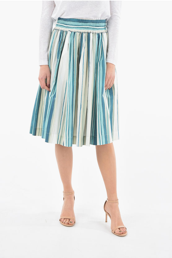 Woolrich Striped Popeline Cotton Flared Skirt In Blue