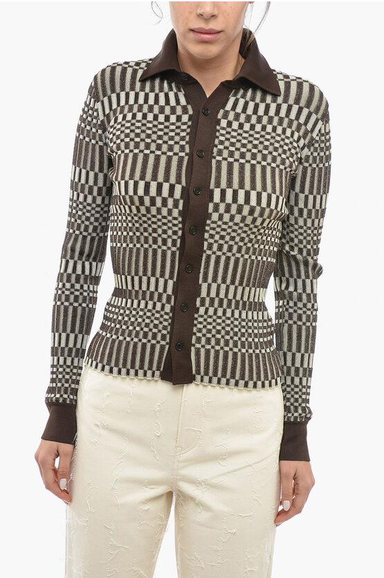 Bottega Veneta Striped Slim Fit Sweater With Polo Neck In Brown