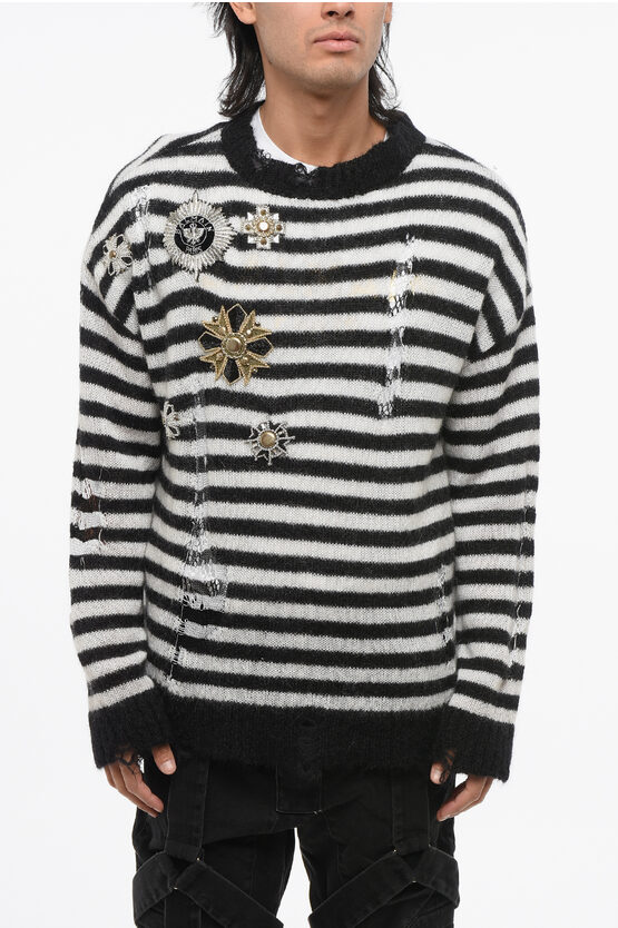 Balmain Striped Vintage Effect Crew-neck Sweater With Decorative Pat In Animal Print