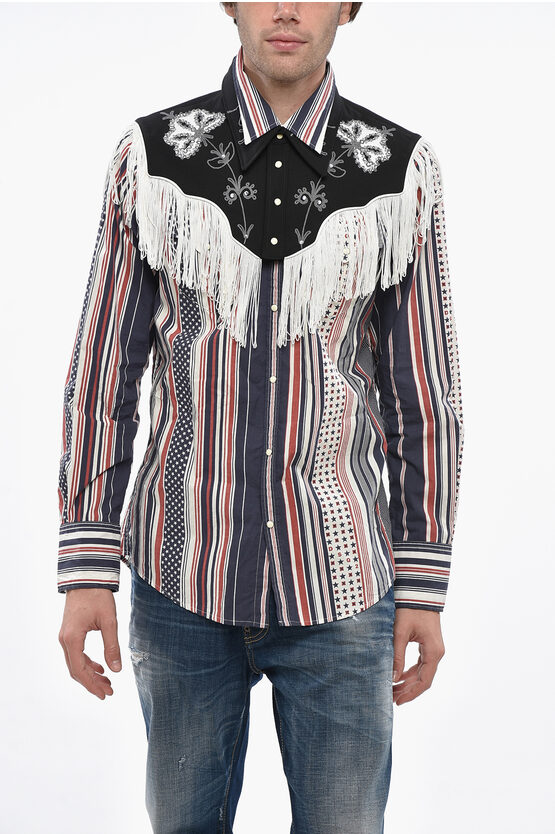 Dsquared2 Striped Western Shirt With Removable Collar In Multi