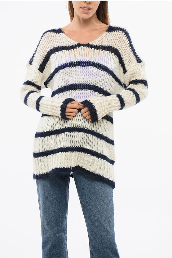 Seafarer Striped Wool Blend Oversized Crew-neck Sweater In White
