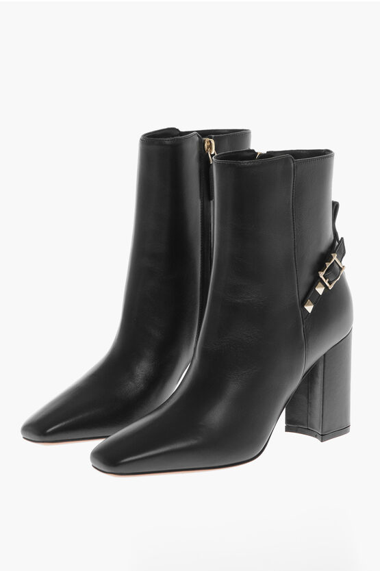 Shop Valentino Stud Detailed Leather Booties With Inner Zip 9cm