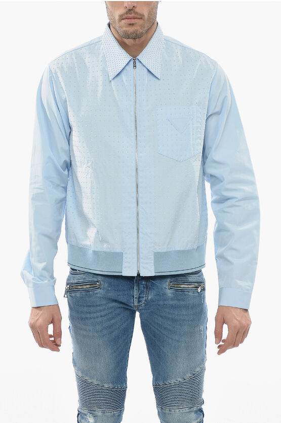 Prada Studded Popeline Cotton Shirt With Front Zip In Blue