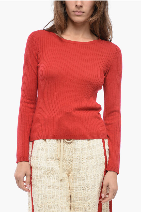 Max Mara Studio Crew Neck Ariano Ribbed Silk Blend Sweater In Red