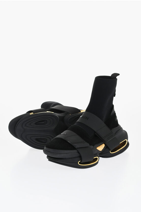 Balmain Suede And Fabric B Bold Sock Sneakers With Golden Details In Black