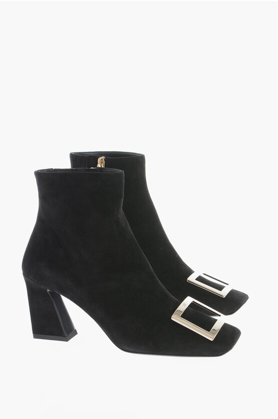 Shop Roger Vivier Suede Booties With Statement Buckle Heel 8 Cm