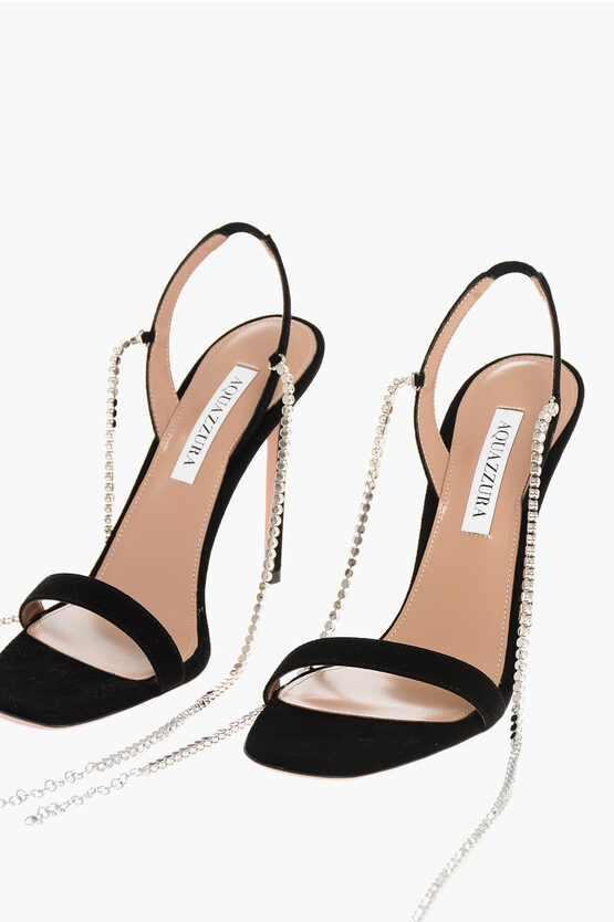 Aquazzura Suede Careless Whisper Sandals With Rhinestone Embellished A In Black