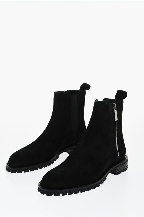 Off-white Suede Combat Booties In Black