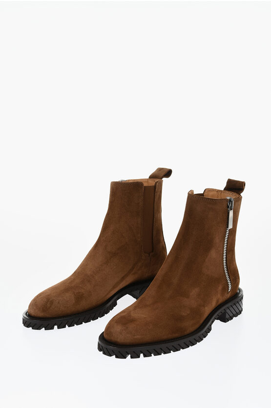 Off-white Logo-debossed Suede Ankle Boots In Brown