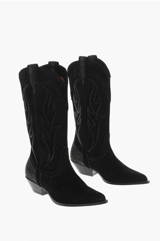 SONORA SUEDE COWBOY MID WESTERN BOOTS WITH CRYSTALS 