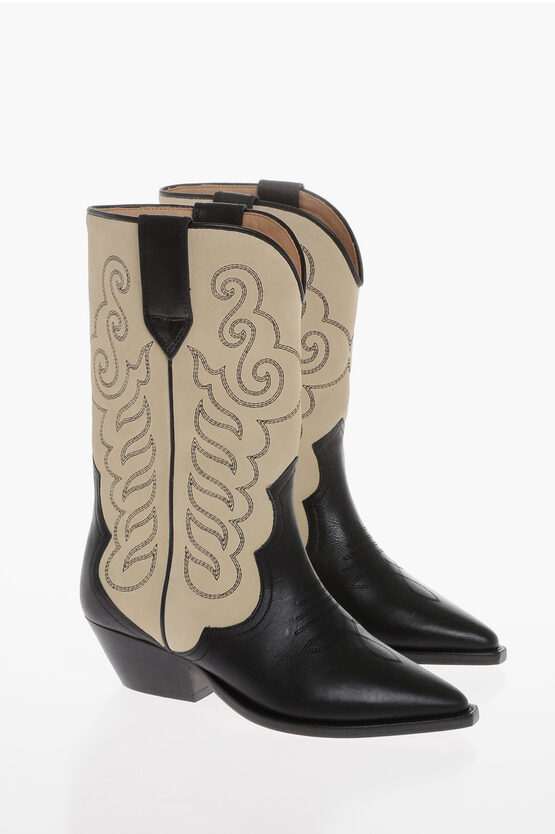 Isabel Marant Duerto Embroidered Leather Cowboy Boots In Neutral