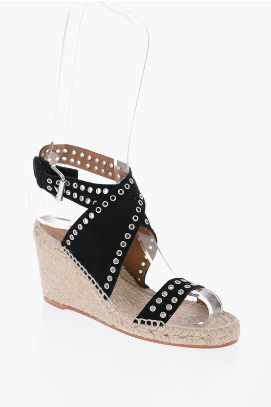 Isabel Marant Suede Espadrilles With Raffia Sole And Studs 8.5cm In Black