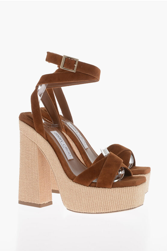 Shop Jimmy Choo Suede Gaia Platform Sandals With Rafia Heel 14cm