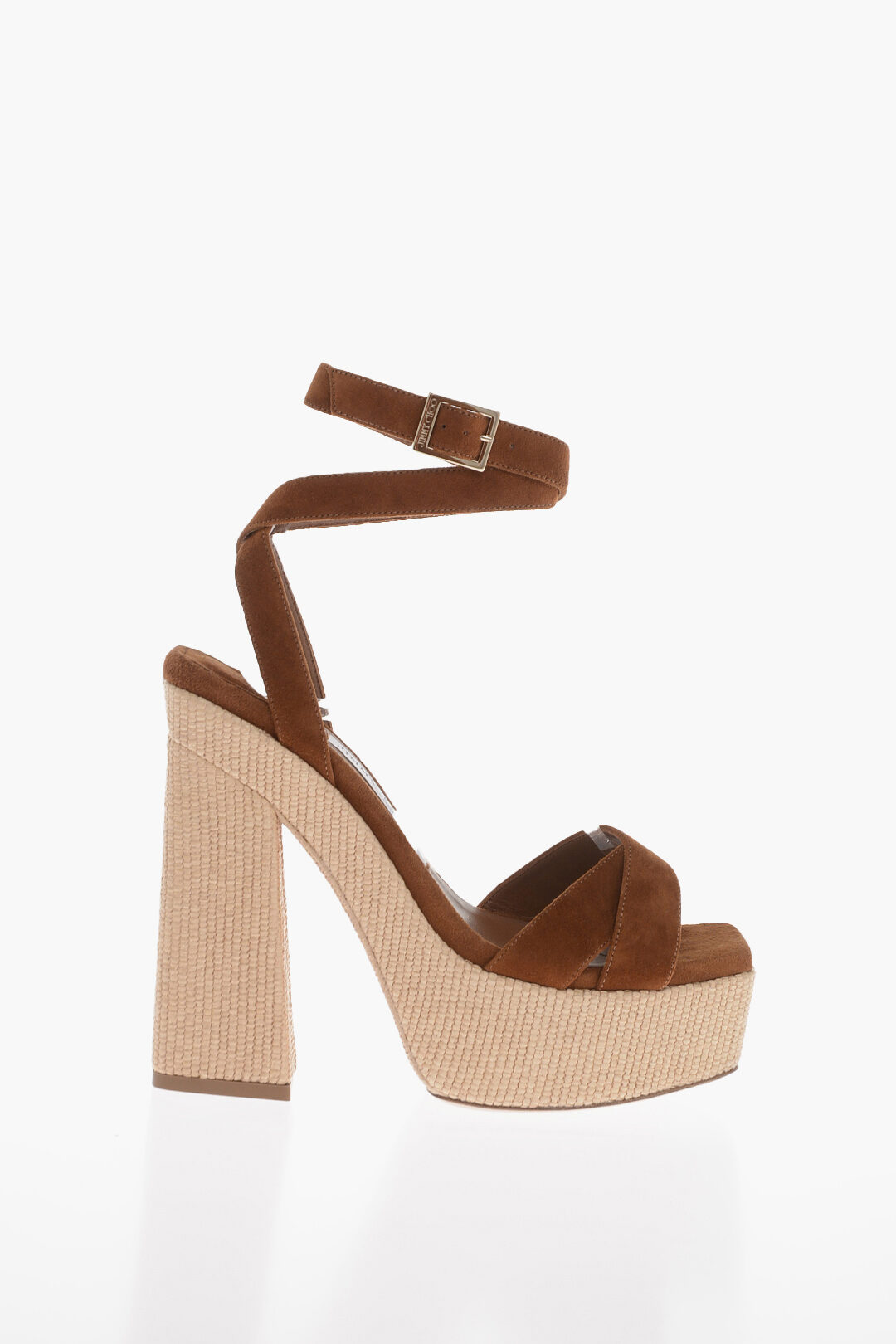 Jimmy Choo Suede GAIA Platform Sandals with Rafia Heel 14cm women