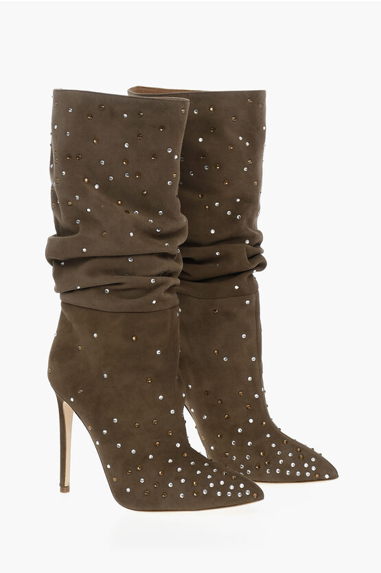 Paris Texas Suede Holly Slouchy Below Knee Boots With Crystals Decoratio In White