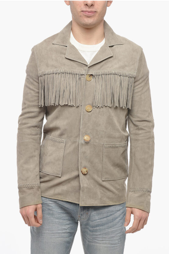 Amiri Suede Jacket With Fringes And Patch Pockets In Neutral