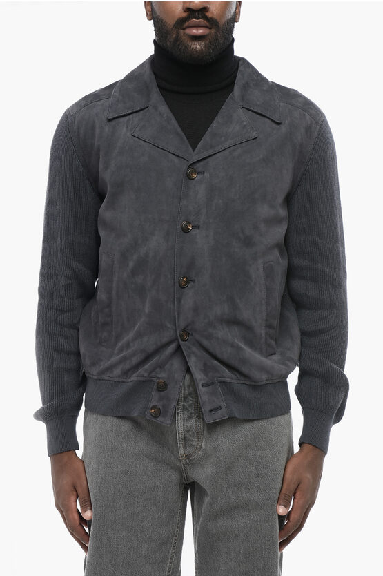 Brunello Cucinelli Suede Jacket With Knitted Sleeves In Gray