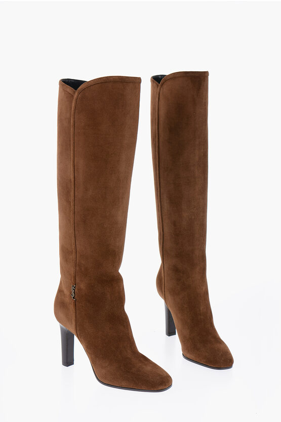 Saint Laurent Suede Knee-high Boots Heel 8 Cm In Brown