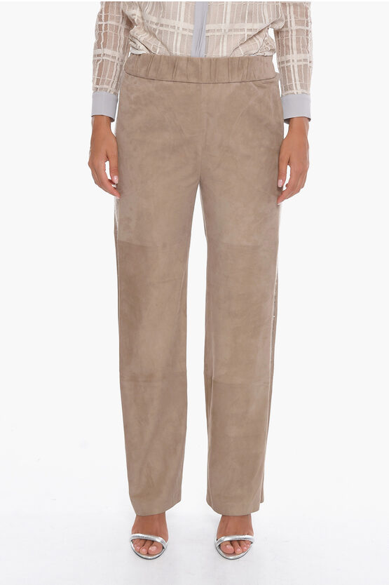 Fabiana Filippi Suede-leather Flared Trousers With Knitted Side Bands In Neutral