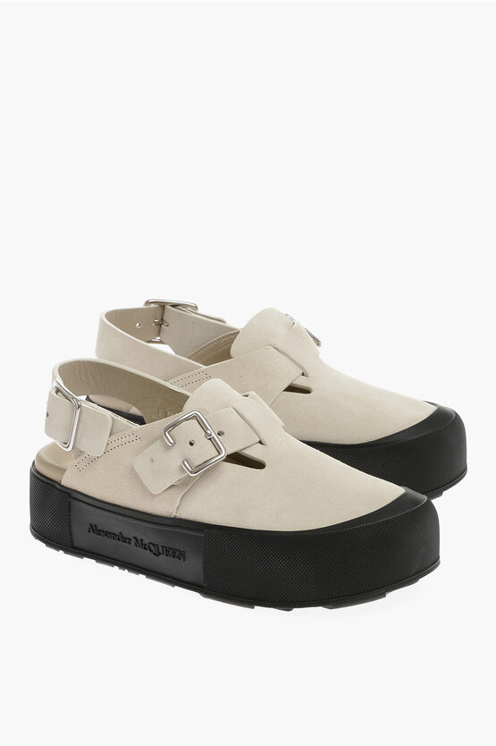Alexander Mcqueen Suede Leather Mules With Buckles In White