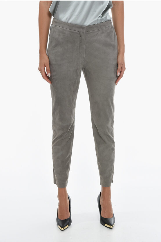 Fabiana Filippi Suede Leather Slim Fit Trousers In Grey