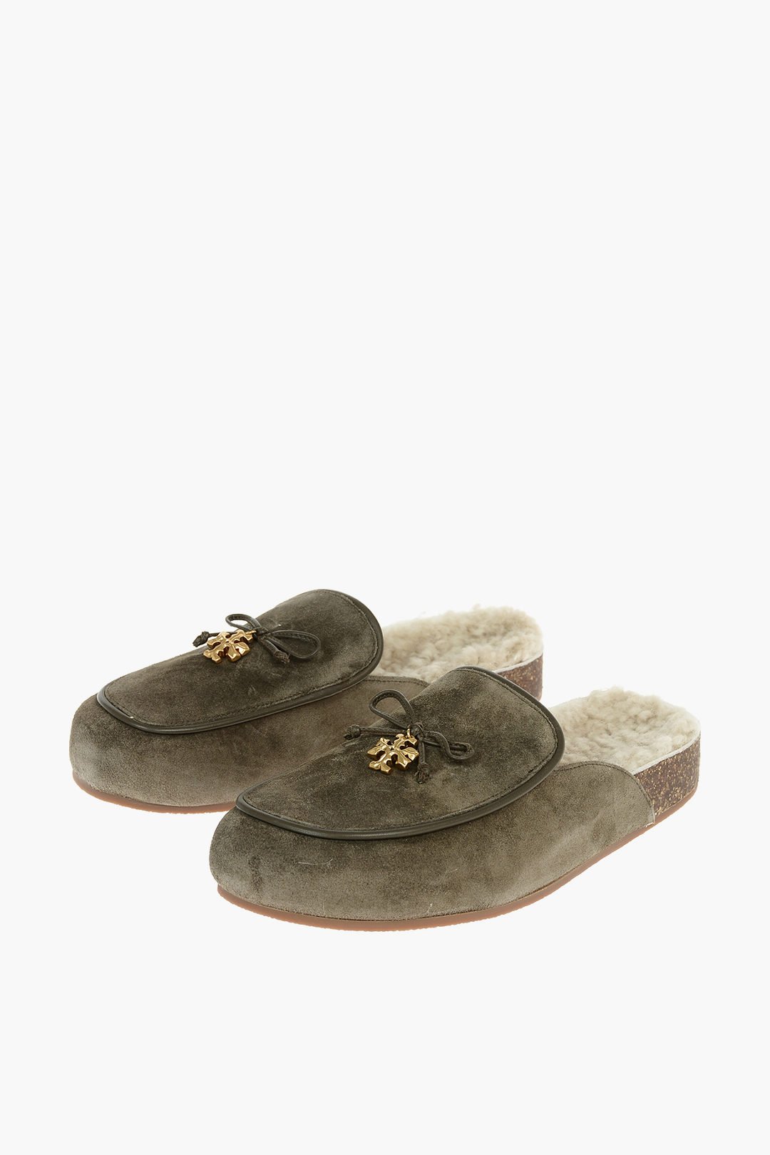 Tory Burch Suede Leather TORY CHARM Shearling Slippers embellished with  Brushed Gold Charm women - Glamood Outlet