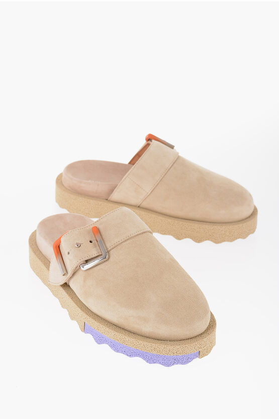 Off-white Suede Mules With Buckle Detail In Gold