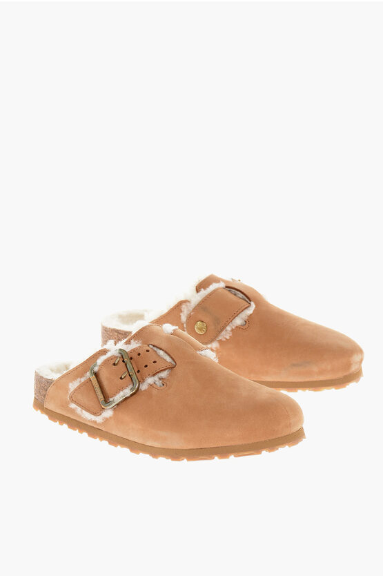 Birkenstock Suede Mules With Fur Inner And Buckle In Brown