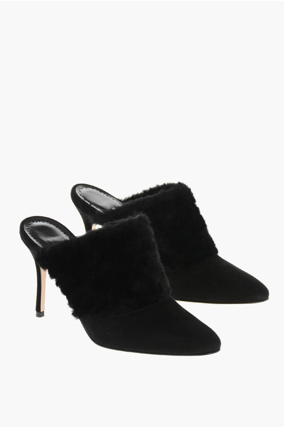 Manolo Blahnik Suede Pelos Mules With Eco-fur Detail 10cm In Black