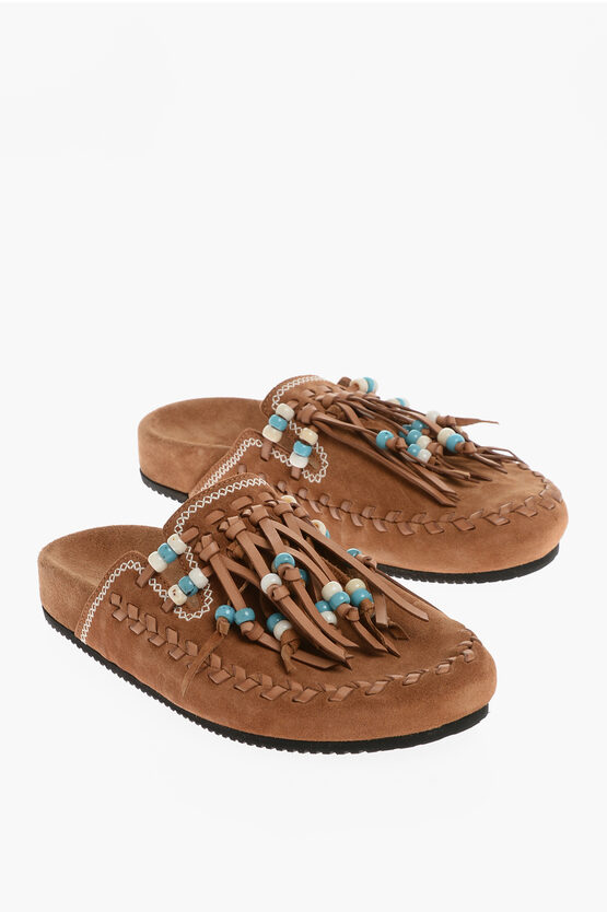 Shop Alanui Suede Salvation Mountain Mules With Fringes And Beads