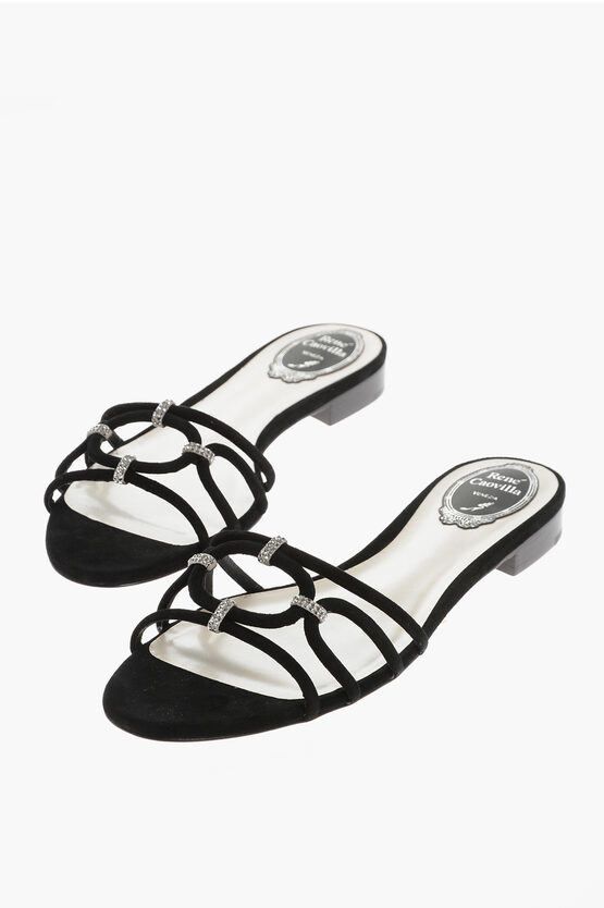 René Caovilla Suede Sandals Embellished With Rhinestones In Black