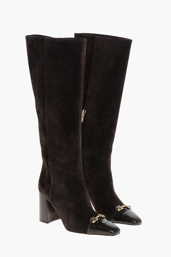 Ferragamo Suede Sibilla Boots With Crocodile Effect Detail 9cm In Brown